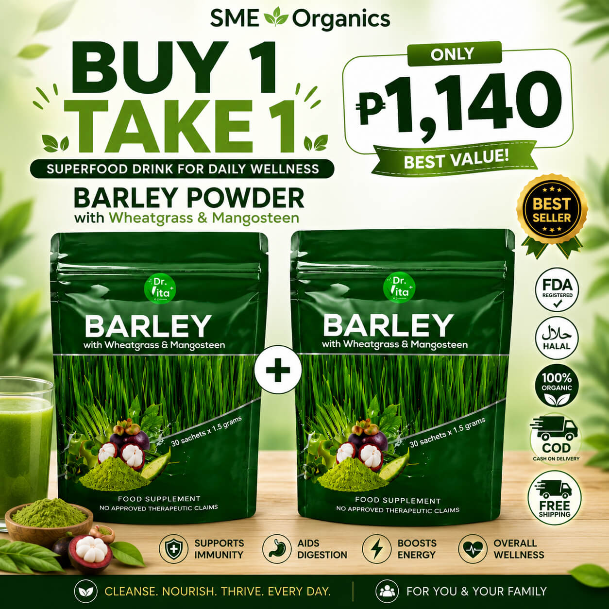 Barley Powder with Wheatgrass and Mangosteen Buy 1 Take 1 by SME Organics