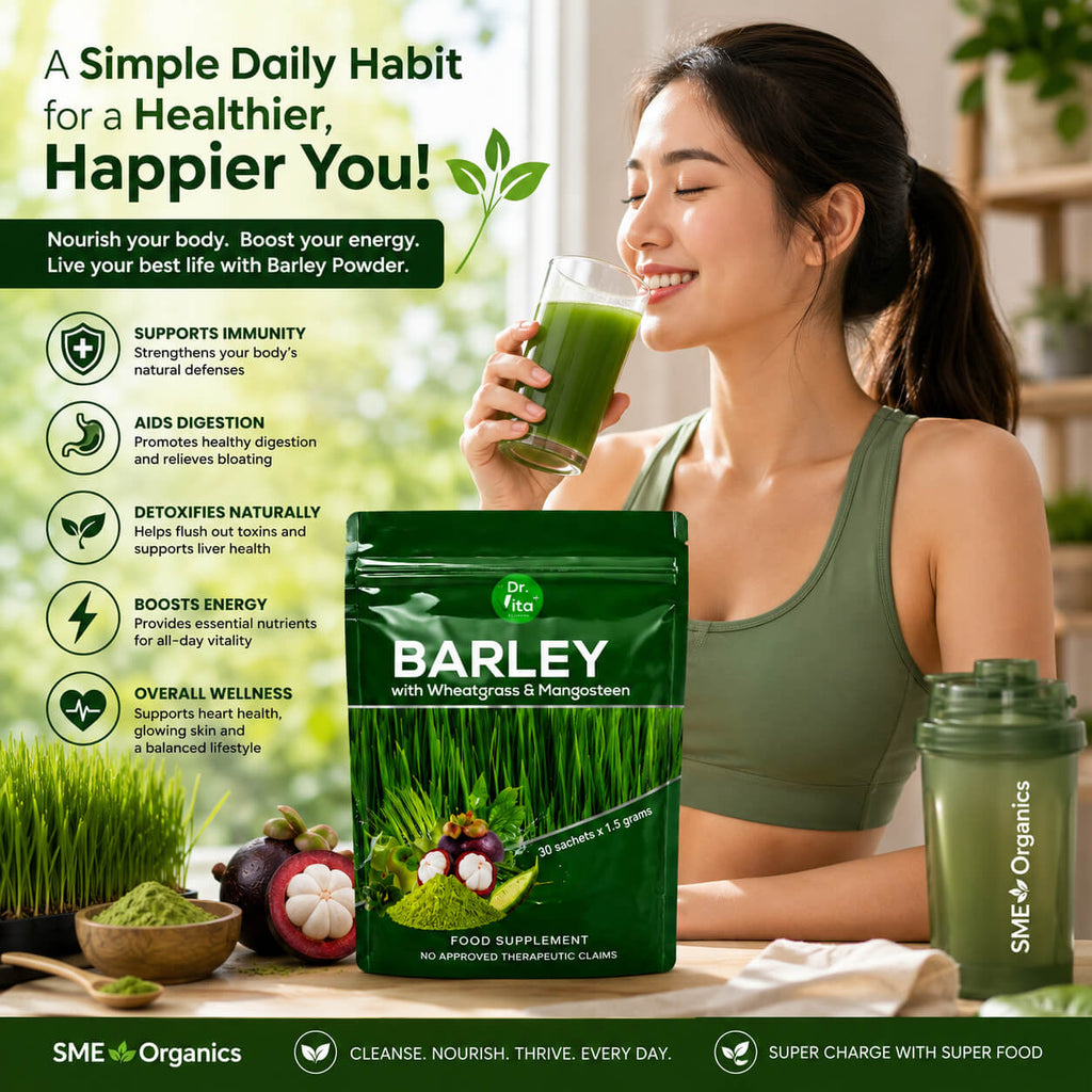 Healthy woman enjoying Barley Powder with Wheatgrass and Mangosteen daily