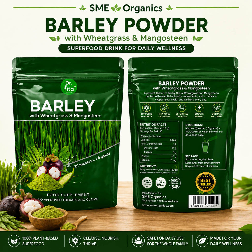 Barley Powder with Wheatgrass and Mangosteen sachets by SME Organics