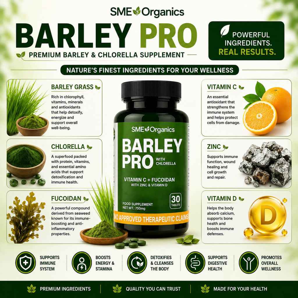 Barley Pro with barley grass, chlorella, fucoidan, vitamin C, zinc and vitamin D