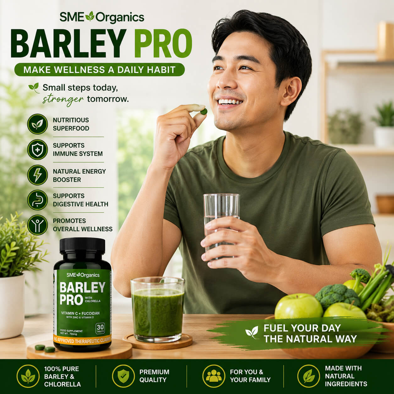 Adult taking Barley Pro as part of a healthy daily wellness routine
