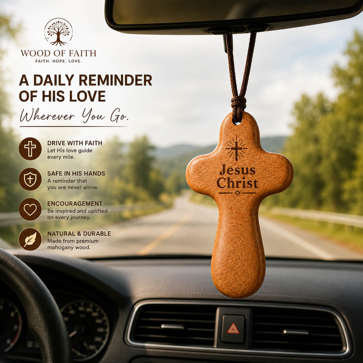 Cross of Faith wooden cross hanging on a car rearview mirror