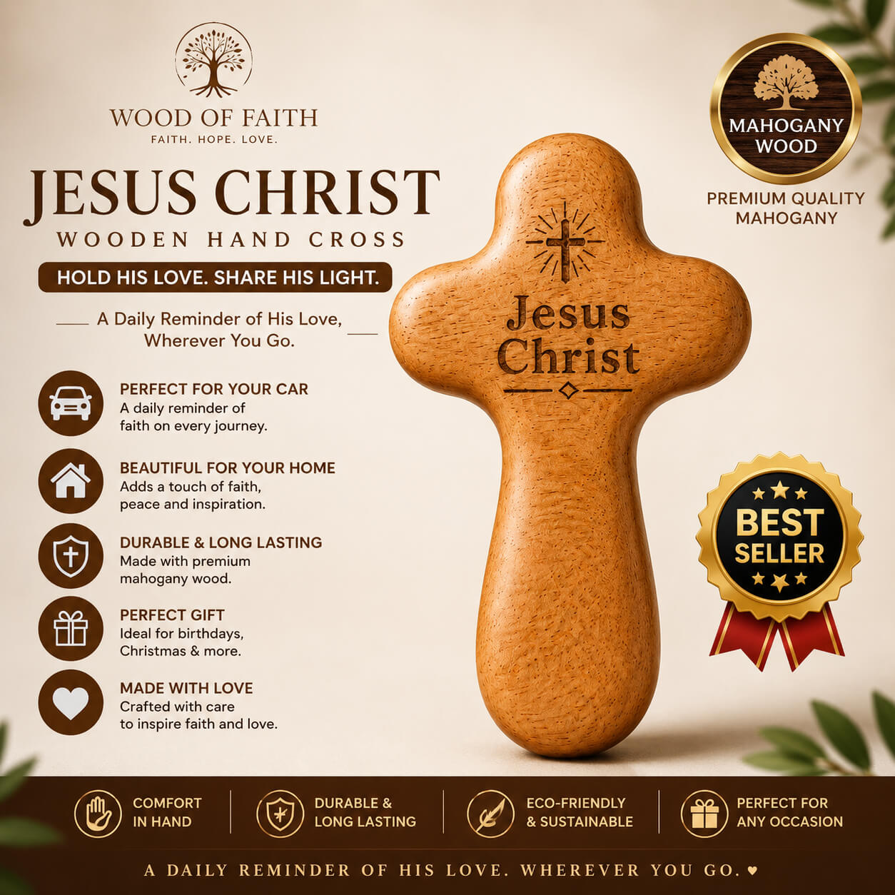Cross of Faith handcrafted wooden cross for car and home