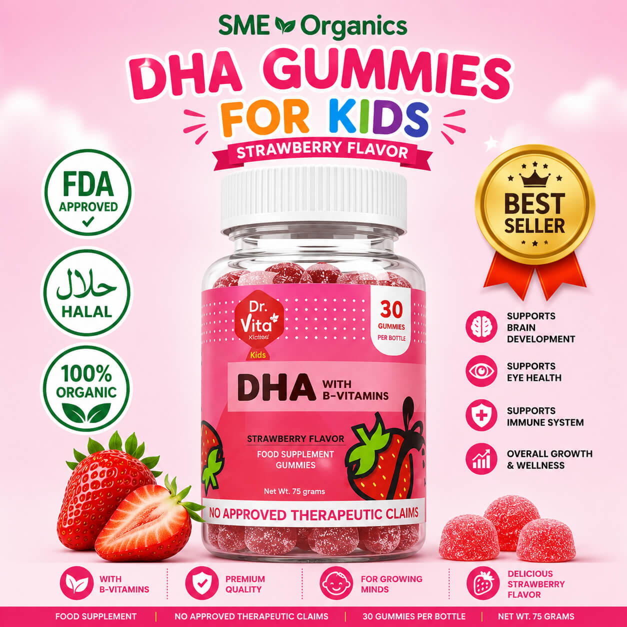 DHA Gummies for Kids strawberry-flavored supplement by SME Organics