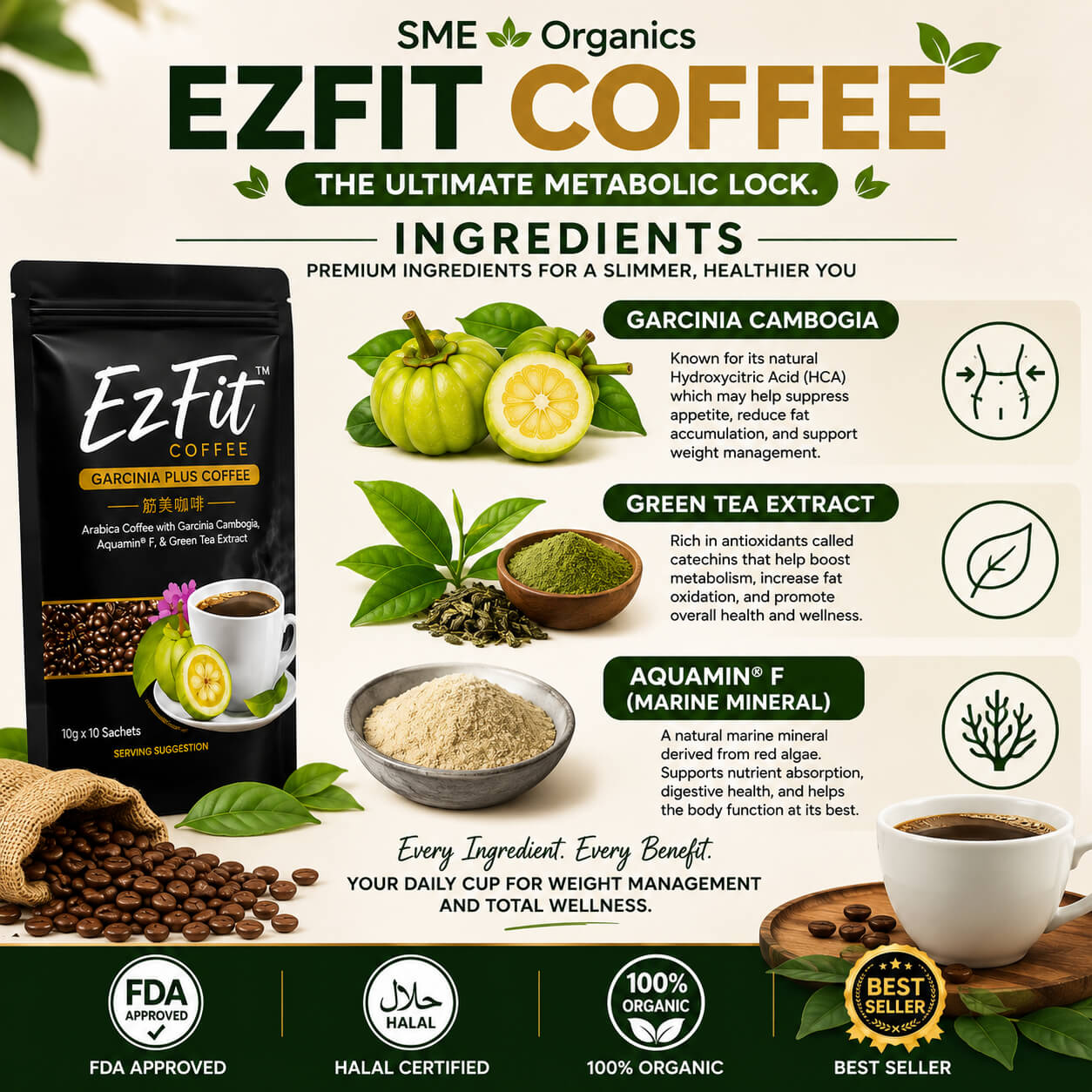 EzFit Coffee with Garcinia Cambogia, Green Tea Extract and Aquamin F