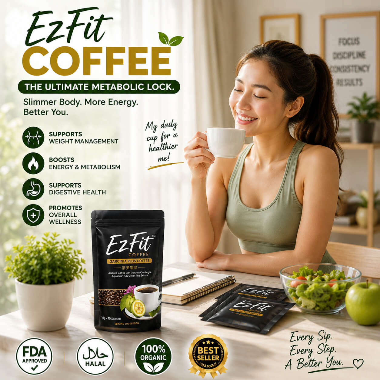 Woman enjoying EzFit Slimming Coffee as part of a healthy lifestyle