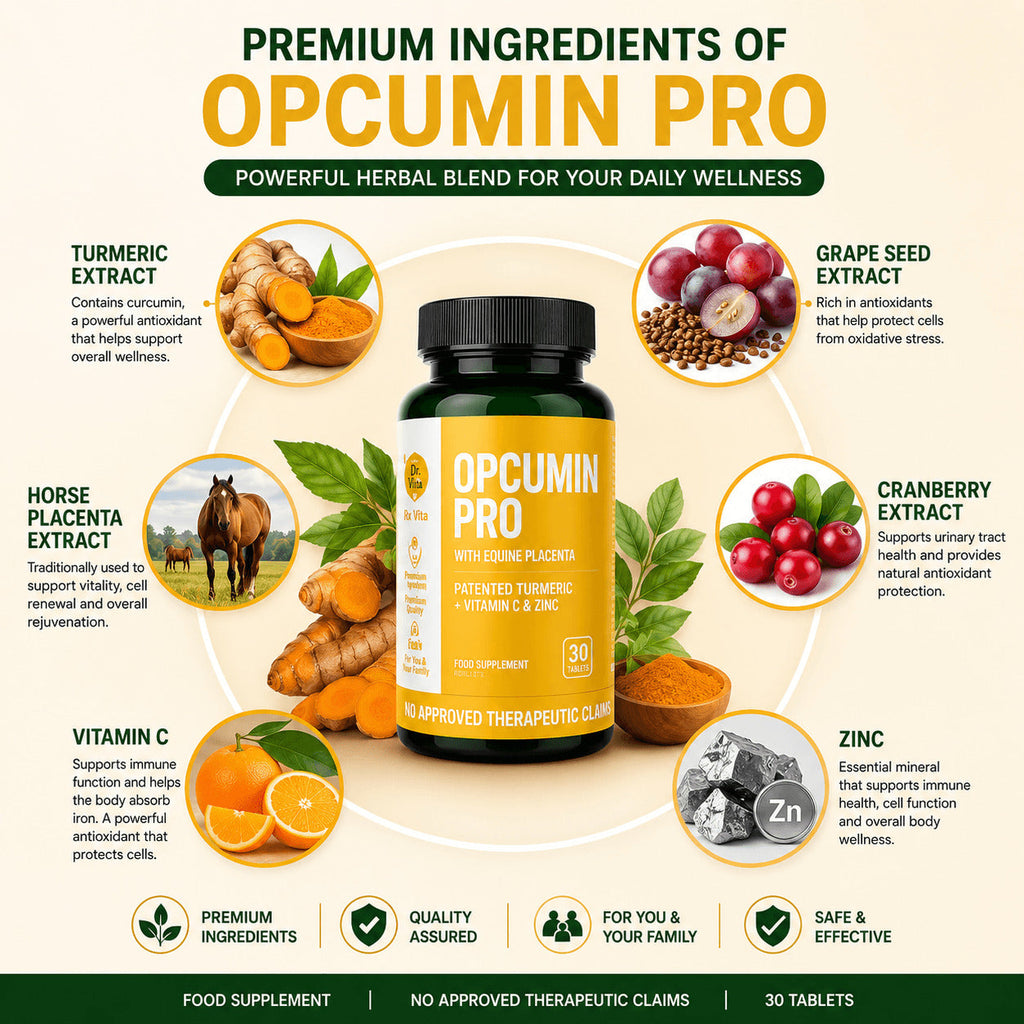 Opcumin Pro herbal supplement with turmeric, grape seed extract, cranberry extract, horse placenta extract, vitamin C, and zinc