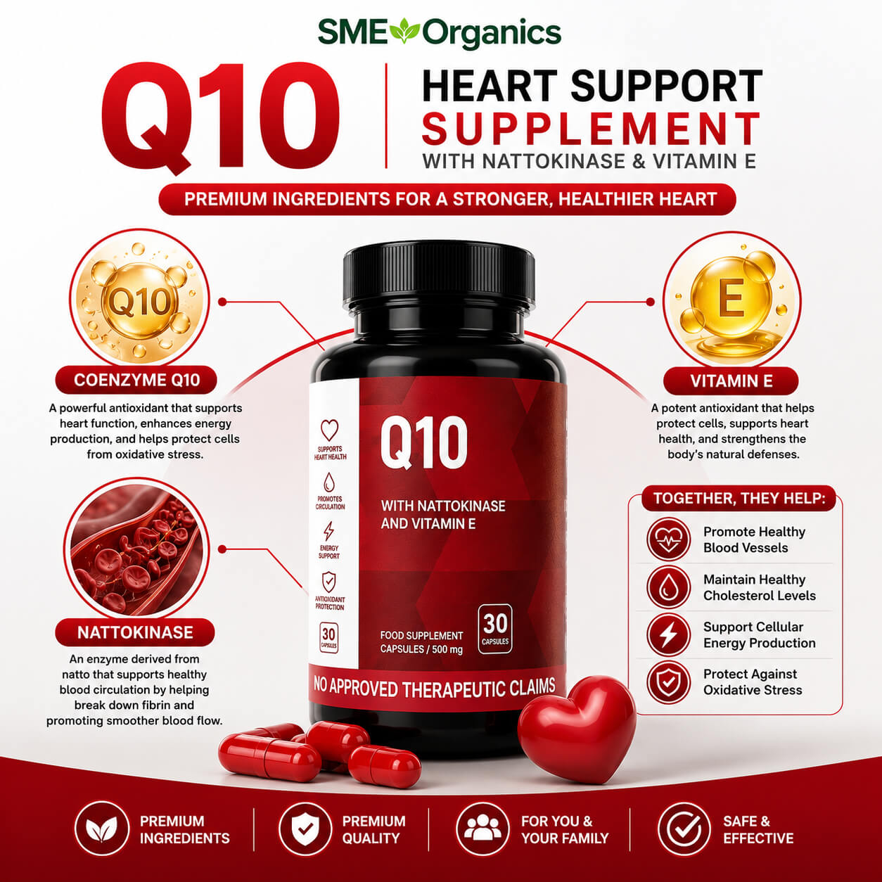 Q10 for Heart ingredients including Coenzyme Q10, Nattokinase, Apple Stem Cell Extract and Vitamin E